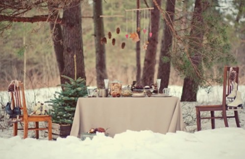decoration table mariage hiver neige exterieur pin