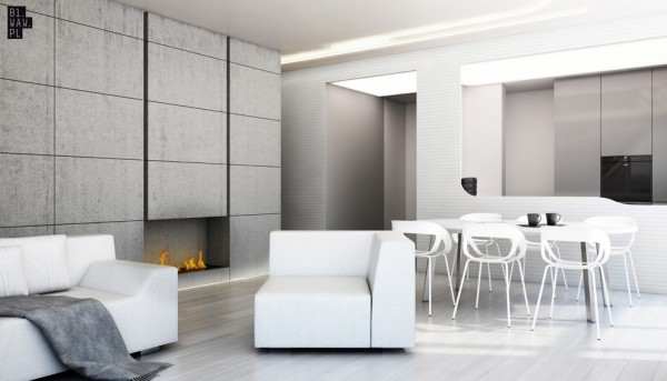 Espace salon table à manger et cheminée minimalistes  canapé design