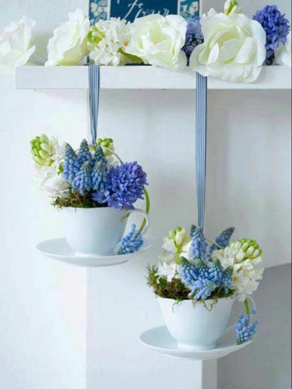 Des pot de fleurs dans des tasses  bleu blanc diy