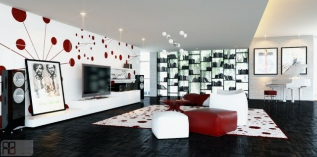 design d'intérieur salon blanc rouge meubles