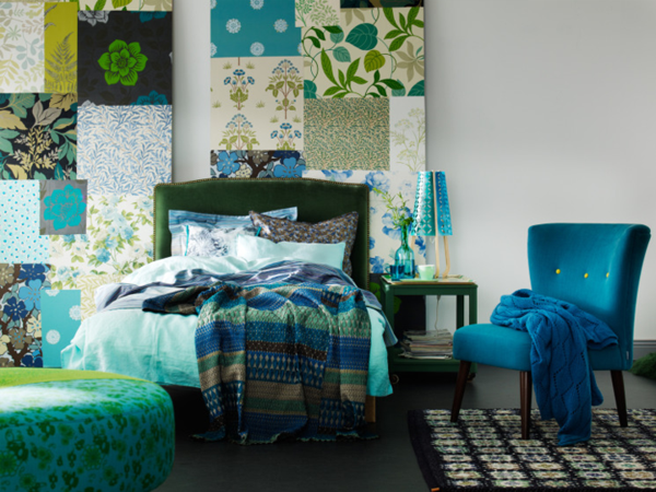 design intérieur vert et bleu textiles