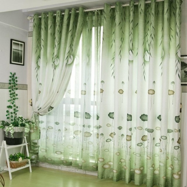 doubles-rideaux-fins-épais-motifs-fleurs-vert doubles rideaux