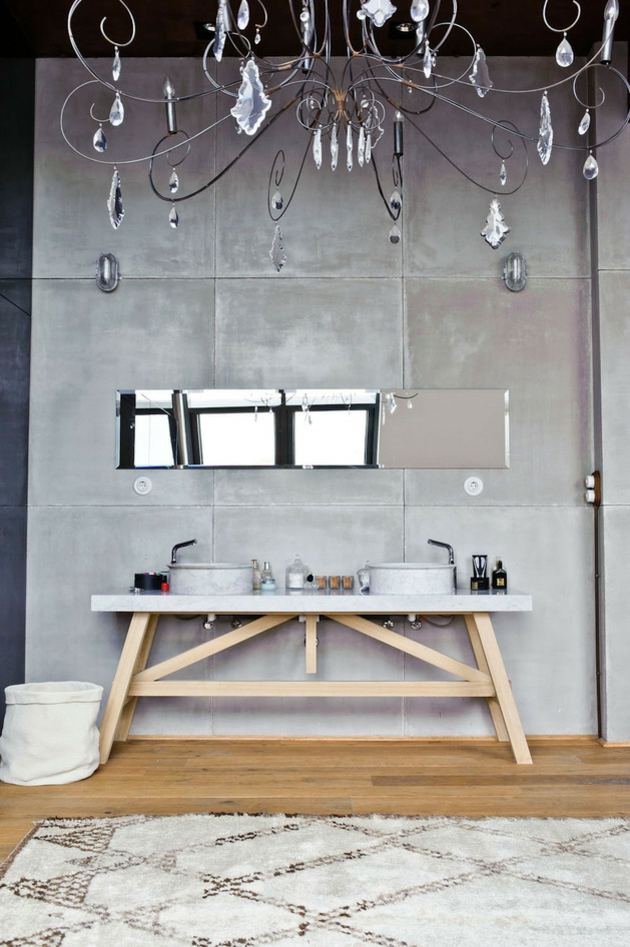 duo lavabos sur fond beton et lampadaire glamour
