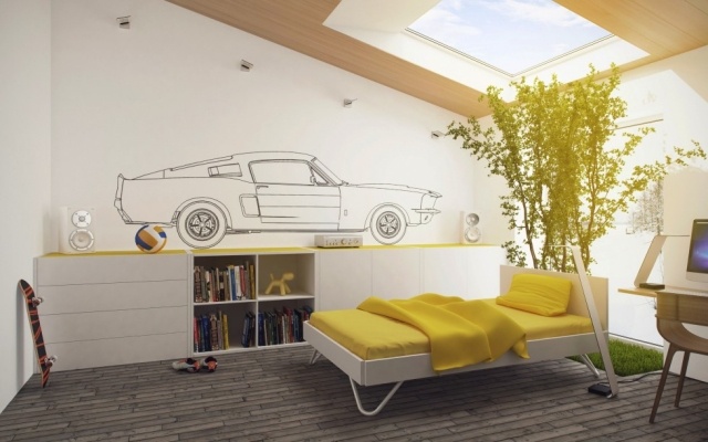 déco-chambre-ado-couleurs-murs-blancs-dessin-voiture-bibliothèque-lit-couverture-jaune-revêtement-sol-parquet