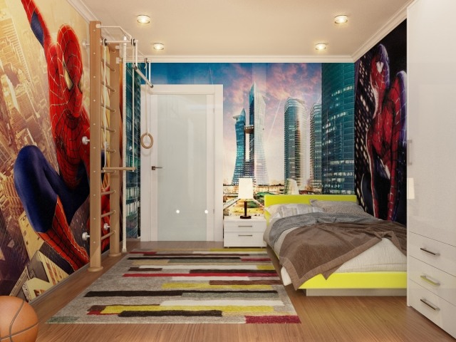 déco chambre ado déco-chambre-ado-couleurs-murs-spider-man-papier-peint-cadre-lit-jaune-tapis-multicolore déco chambre ado