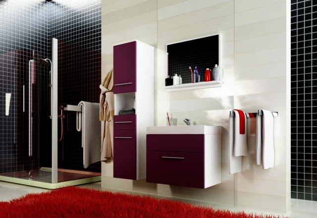 déco-salle-bains-mobilier-couleurs-armoire-blanc-bordeaux-colonne-tapis-rouge