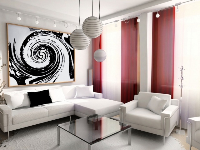 déco salon couleur-rouge-idée-originale-rideau-canapé-lampe-plafond