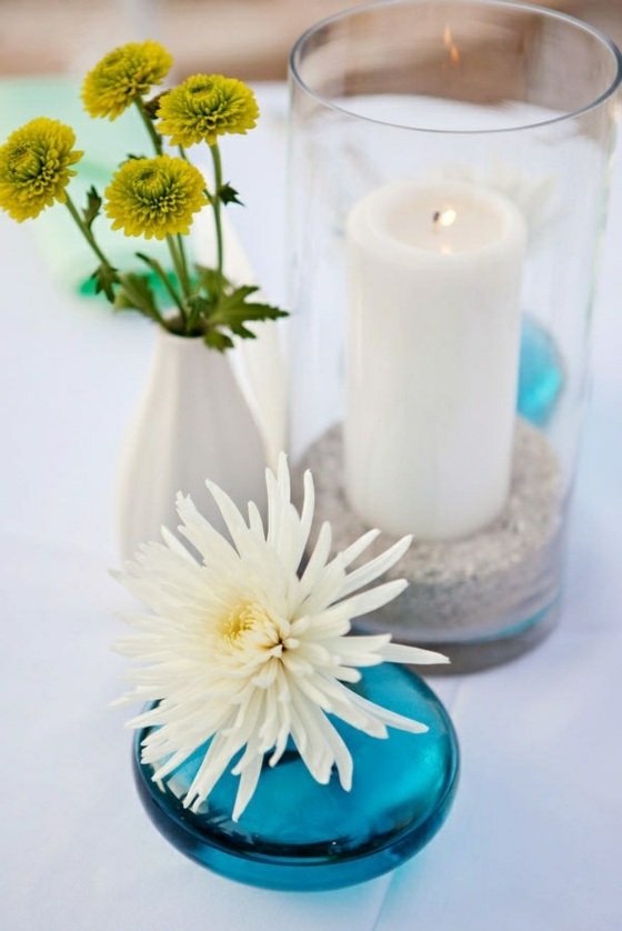 déco table blue white chrysantheme fleur