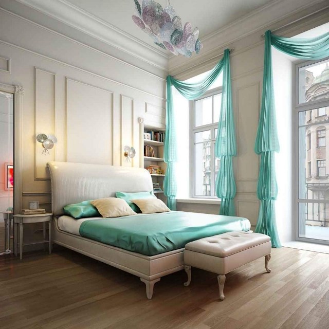 décoration chambre adulte décoration-chambre-adulte-romantique-rideaux-linge-lit-turquoise-tabouret-blanc-lustre-élégant