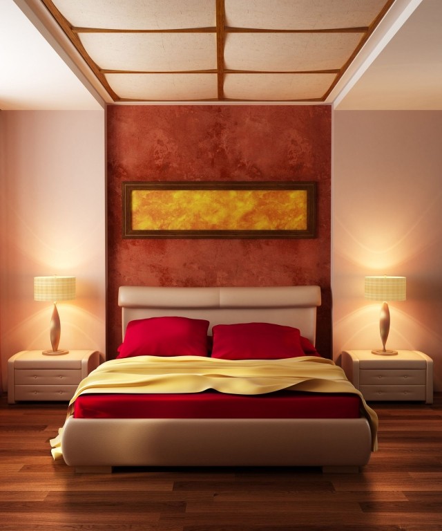 décoration-chambre-couleur-rouge-idée-originale-grand-lit-tête-lit-blanc-cuir