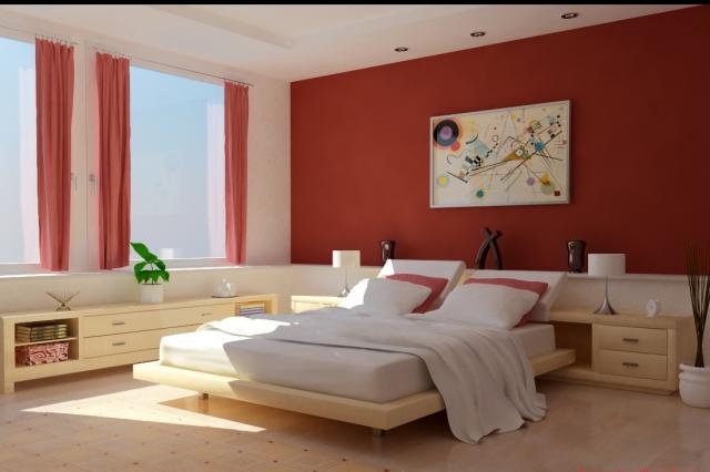 décoration-chambre-couleur-rouge-idée-originale-mur-rideaux-coussins
