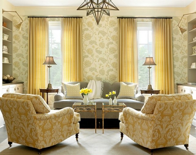 décoration intérieur fauteuil jaune dore rideaux