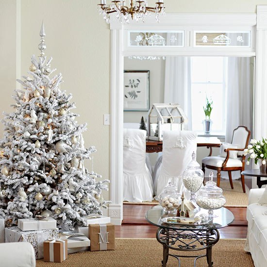 décoration-sapin-Noël-blanche-aspect-neige-douce-boules-argentées-cadeaux décoration arbre de Noël
