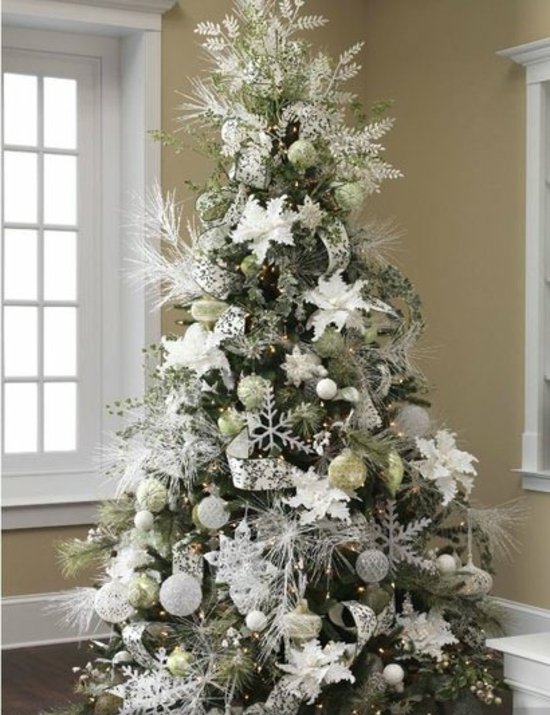 décoration-sapin-Noël-boules-dorées-argentées-flocons-neige-blancs décoration sapin de Noël