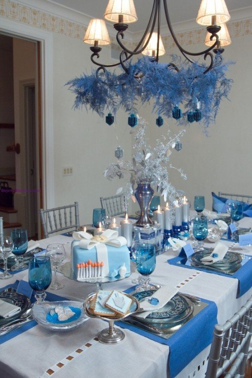 décoration table mariage hiver lustre blanc bleu