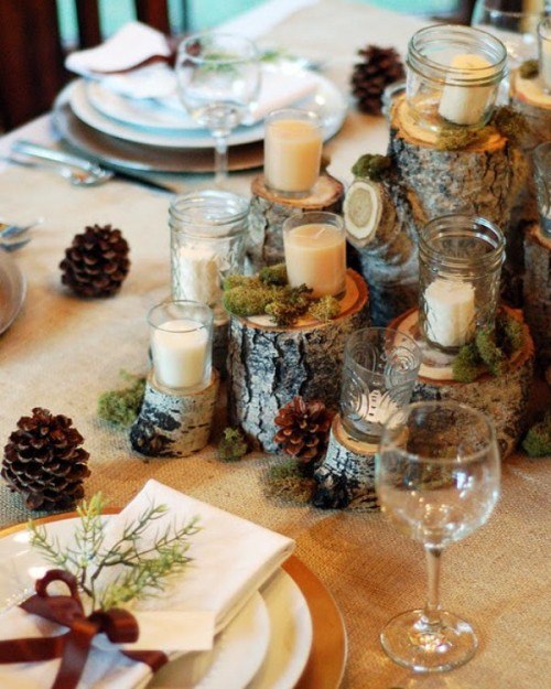 décoration table mariage hiver pomme pin bandeau rouge