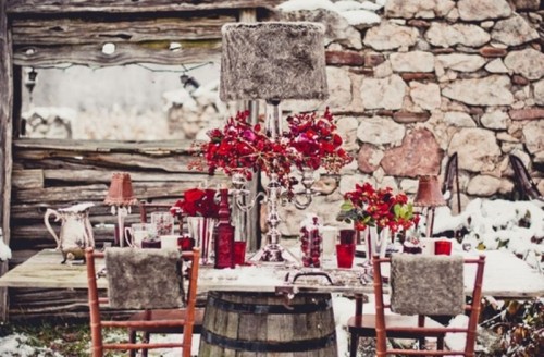 décoration table mariage hiver rouge toile jute