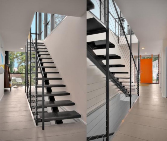 escaliers bois acier reliant etages maison moderne