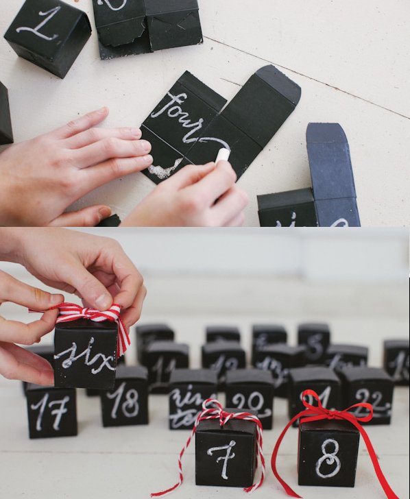 fabriquer-calendrier-Avent-petites-boîtes-noires-papier-rubans-rouges calendrier de l'avent