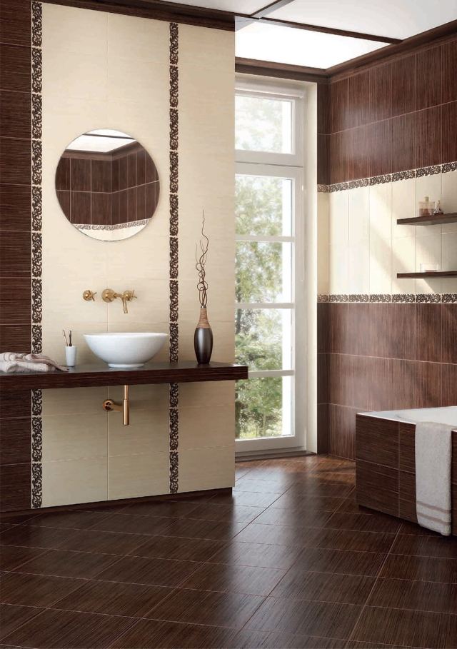faïence-salle-bains-beige-clair-marron-motifs-marron-vasque-blanc-forme-ovale faïence salle de bains
