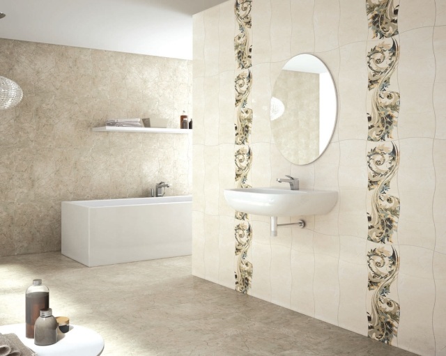 faïence-salle-bains-beige-clair-motifs-élégants-vasque-forme-ovale-miroir-rond faïence salle de bains