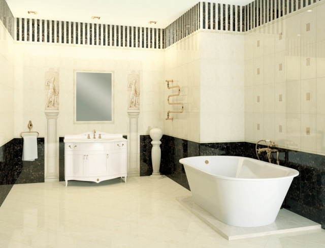faïence-salle-bains-crème-noir-blanc-meuble-vasque-blanc-baignoire-blanche-élégante faïence salle de bains
