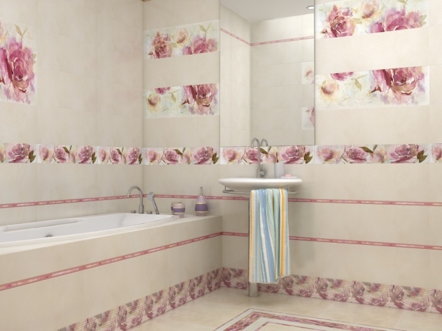 faïence-salle-bains-crème-rose-pâle-motifs-roses faïence salle de bains