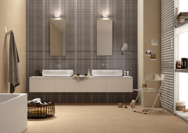 faïence-salle-bains-gris-carreaux-fins-accents-blancs-miroirs-rectangulaires faïence salle de bains