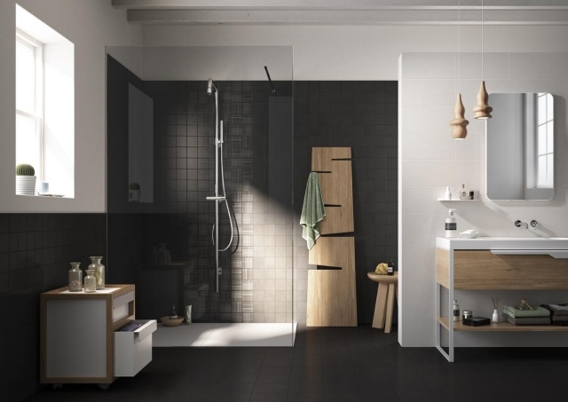 faïence-salle-bains-noire-blanches-design-épuré-mobilier-bois faïence salle de bains