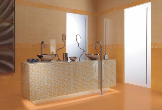 faïence-salle-bains-orange-chaud-motifs-fons-fleurs-blanches faïence salle de bains