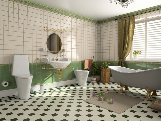 faïence-salle-bains-rétro-blanc-vert-pâle-baignoire-baroque faïence salle de bains