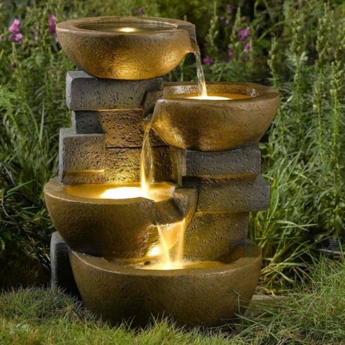 fontaine electrique eclaire jardin plantes marron vert sculpture-vaisseau