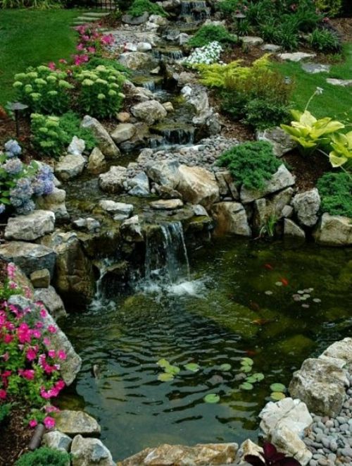 fontaine jardin fleur vegetation lac pierre