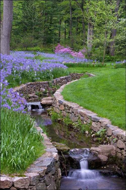fontaine jardin mur caillou herbe fleur ruisseau