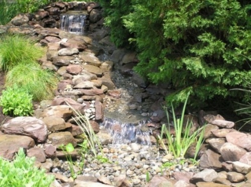 fontaine jardin pierre ruisseau conifere pierre