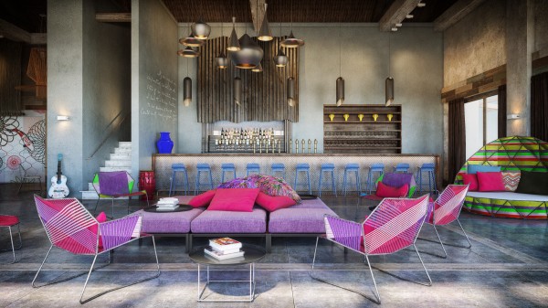 hotel spa lounge bar tabouret bleu rose