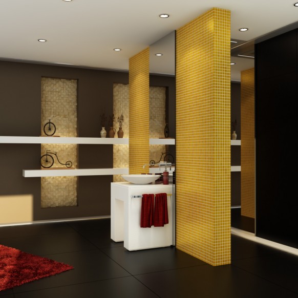 idees decoration salle de bains contemporaine noire jaune