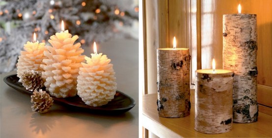 idée-déco-Noël-bougies-pommes-pin-blanches-aspect-écorce-bouleau idée déco de Noël