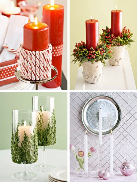 idée-déco-Noël-bougies-rouges-bâtons-sucre-branchettes-cèdre-petites-couronnes-décoratives idée déco de Noël