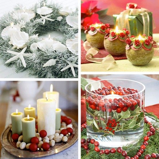 idée-déco-Noël-bougies-étoiles-mer-blanches-couronne-noix-pommes-vertes idée déco de Noël