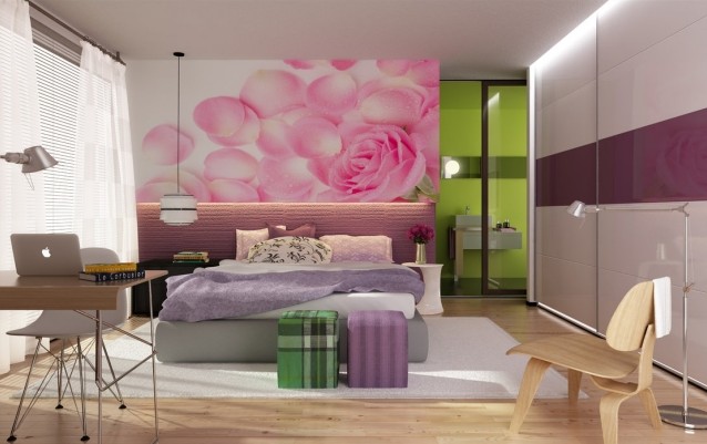 idée-déco-chambre-fille-ado-literie-motifs-floraux-papier-peint-blanc-rose-belle idée déco chambre