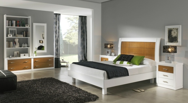 idées-déco-chambre-coucher-couleurs-naturelles-ensemble-mobilier-blanc-bois-rideaux-tapis-gris-foncé