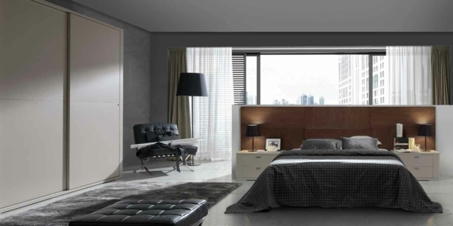 idées-déco-chambre-coucher-couleurs-naturelles-linge-lit-gris-lampe-poser-noire-tee-lit-bois idées déco chambre à coucher