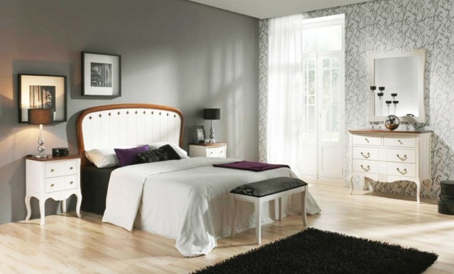 idées-déco-chambre-coucher-couleurs-naturelles-mobilier-blanc-baroque-tête-lit-blanche-tapis-noir idées déco chambre à coucher