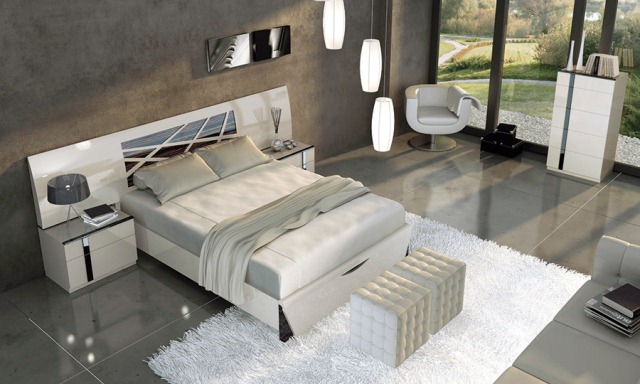 idées-déco-chambre-coucher-couleurs-naturelles-monochrome-grise-tapis-blanc-linge-lit-gris-clair-suspensions-élégantes
