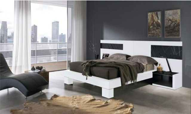 idées-déco-chambre-coucher-couleurs-naturelles-mur-chaise-longue-gris-tête-lit-gris-blanc-cadre-lit-blanc idées déco chambre à coucher