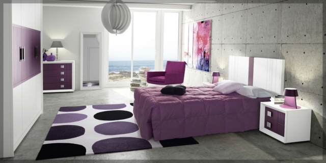 idées-déco-chambre-coucher-couleurs-naturelles-mur-gris-aspect-béton-accents-linge-lit-lilas-doux idées déco chambre à coucher