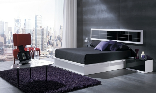 idées-déco-chambre-coucher-couleurs-naturelles-mur-gris-foncé-linge-lit-noir-tapis-noir-chaise-rouge idées déco chambre à coucher