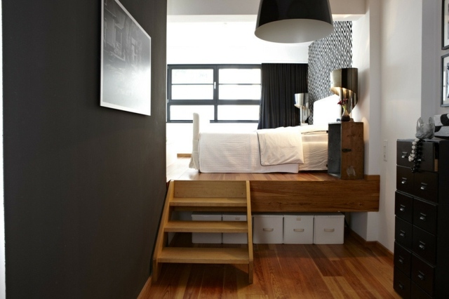 idées-déco-chambre-coucher-couleurs-naturelles-murs-blanc-noir-mobilier-bois-linge-lit-blanc-lustre-noir idées déco chambre à coucher