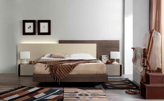 idées-déco-chambre-coucher-couleurs-naturelles-murs-blancs-tapis-bariolés-tête-lit-bois idées déco chambre à coucher